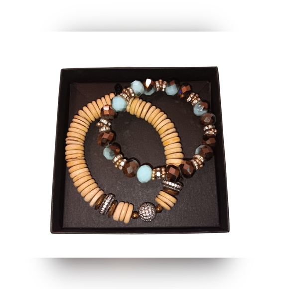 BPD 2 Piece Beaded Stretch Bracelet Set, Brown & Blue, NWOT - Picture 2 of 6